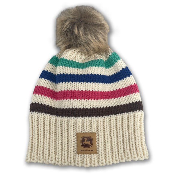 John Deere Women's Ivory Knit Patch Striped Beanie