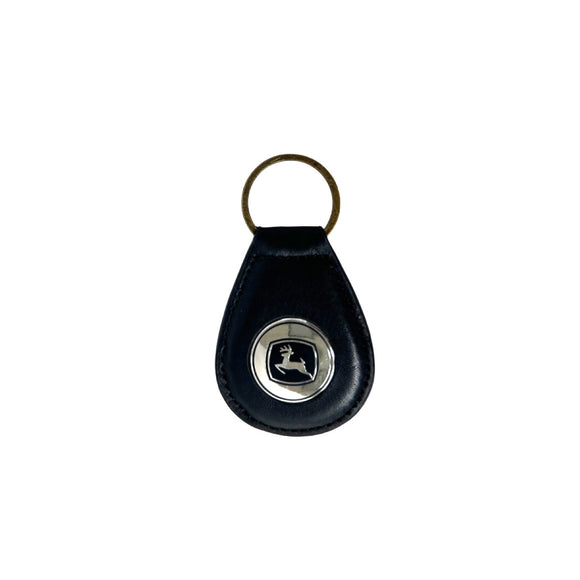 John Deere Ahead Leather Black Key Ring with Silver Pendent