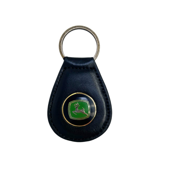 John Deere Ahead Leather Black Key Ring with Green Pendent